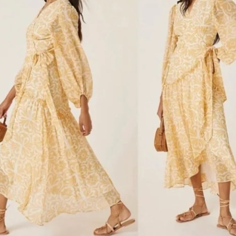 Anthropologie Hutch Geo Wrap Gold Maxi Dress Size Small
